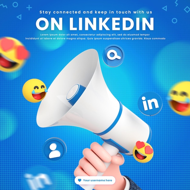 Linkedin social media post template with social networking logos and icon around 3d megaphone