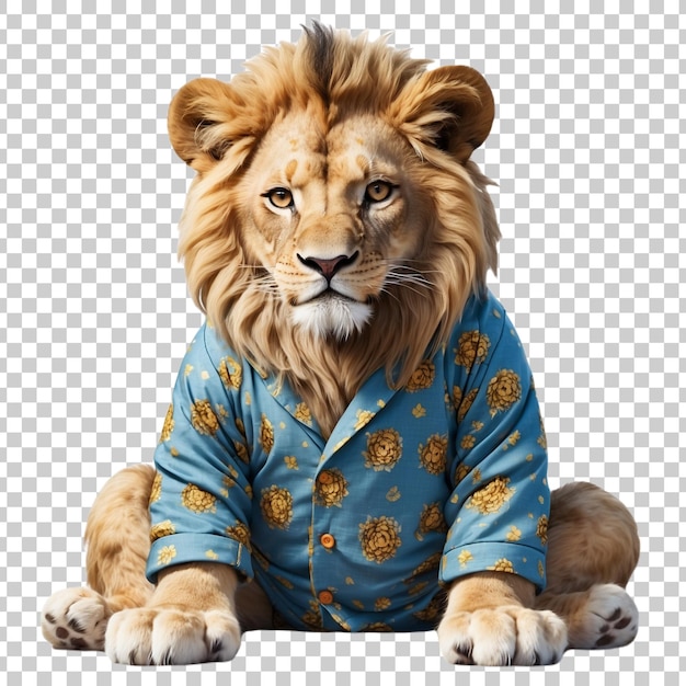 a lion in a blue pajamas with a shirt that says lion on it