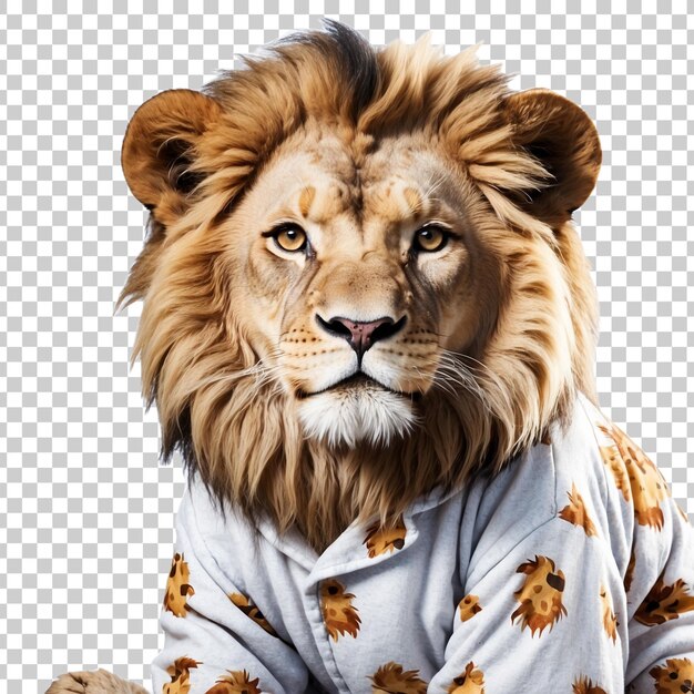 a lion in a blue pajamas with a yellow flower on it