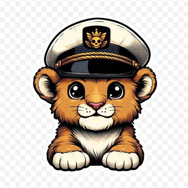 a lion in a captains cap is sitting on a transparent background