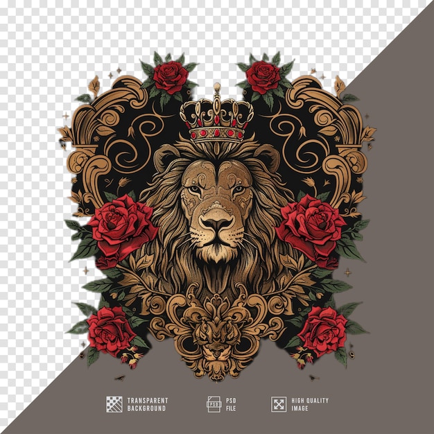 PSD lion head with roses balinese gold carving without begrond hd quality