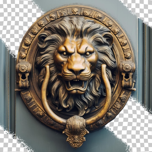 Lion headed door knocker made of gold transparent background