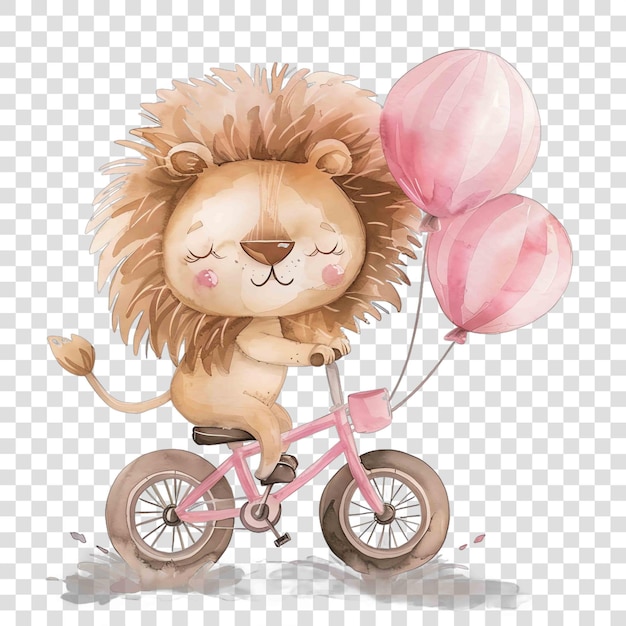 PSD lion riding a pink bike nuresery watercolor