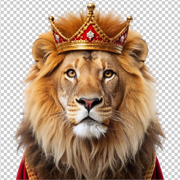 PSD lion wearing a crown and a royal dress on transparent background