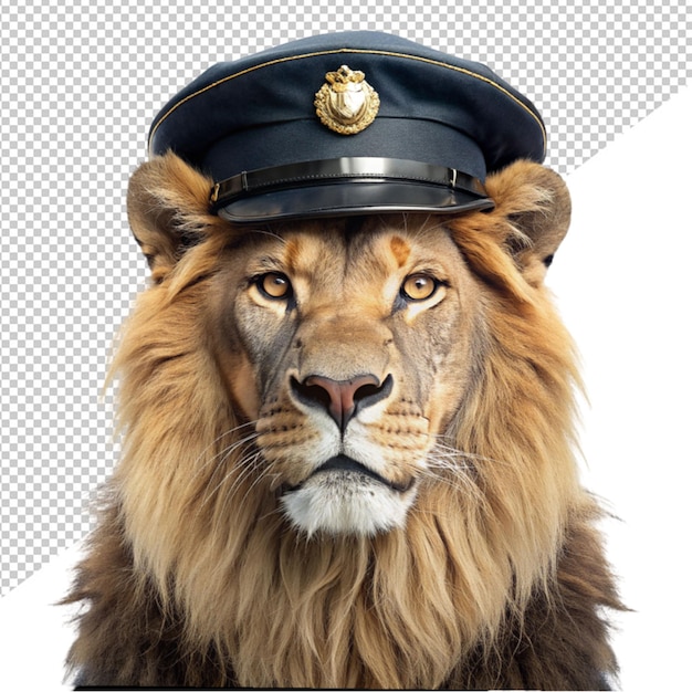 lion wearing a policeman hat on transparent background