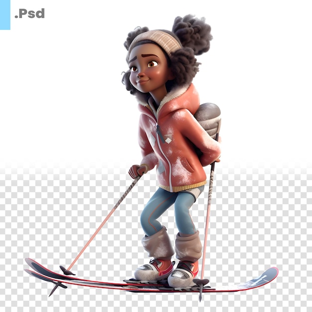 PSD little african american girl skier isolated on white background psd template