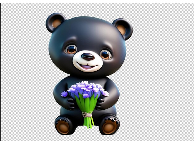 Little Bear character holding flower in 3d rendering