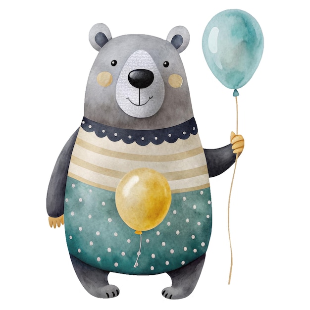 little bear with balloon watercolor illustration for kids clothes and prints