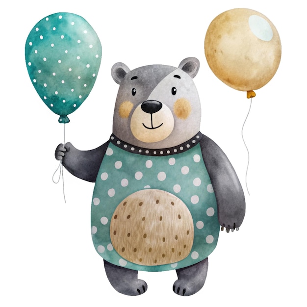 little bear with balloon watercolor illustration for kids clothes and prints