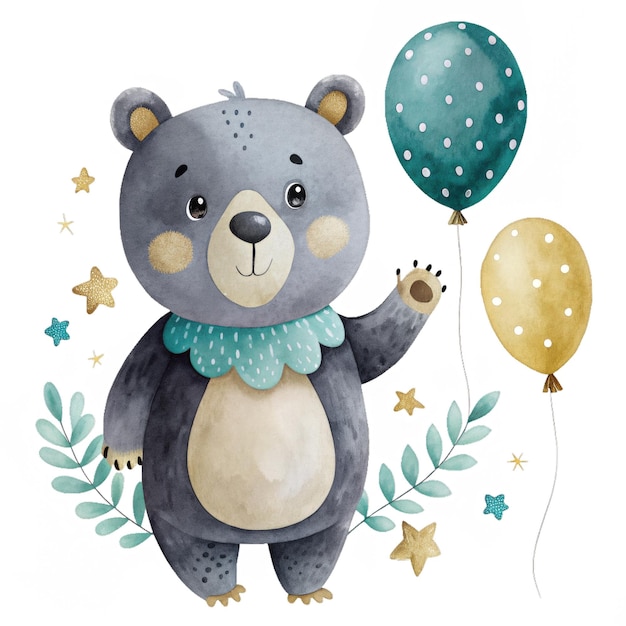 little bear with balloon watercolor illustration for kids clothes and prints