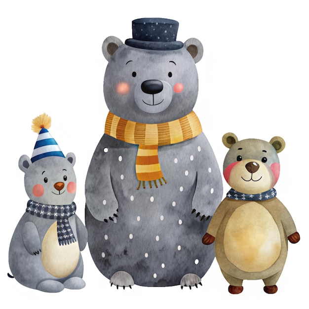 PSD little bears and snowman watercolor illustration for kids clothes and prints isolated clipart