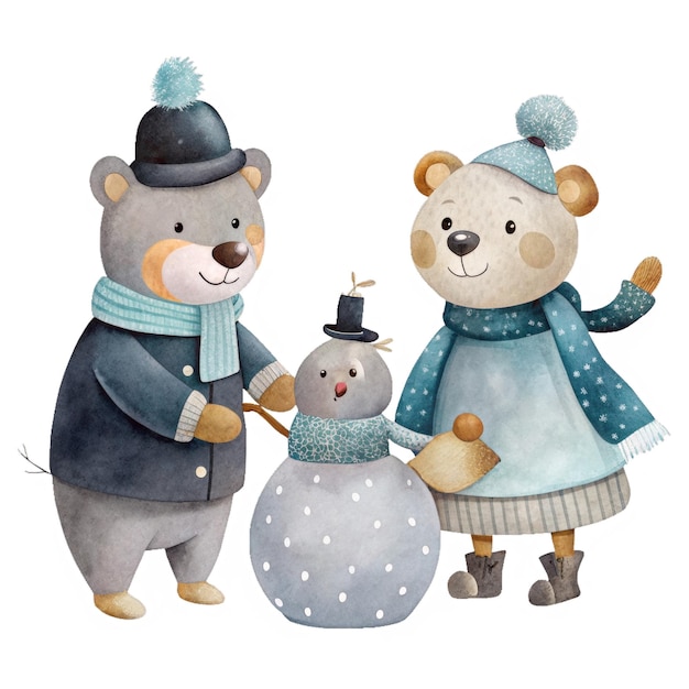 PSD little bears and snowman watercolor illustration for kids clothes and prints isolated clipart