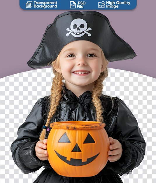 PSD little blonde girl in pirate costume happily celebrating halloween party