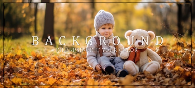 PSD little boy with teddy bear in autumn