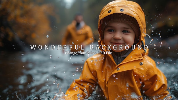 PSD little boy in yellow raincoat smiles in splashes