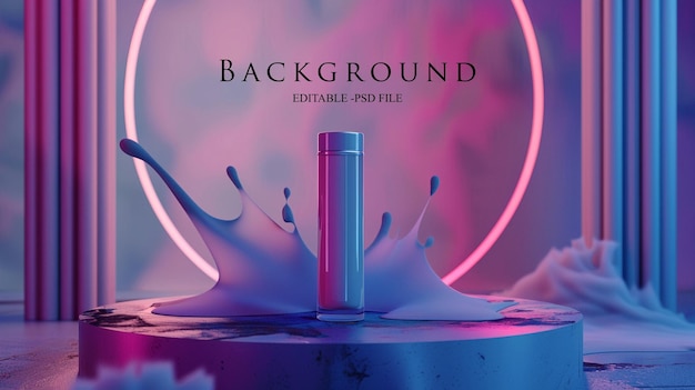 PSD a little cosmetics product tube over a platform with moving serum liquid splashed on the background