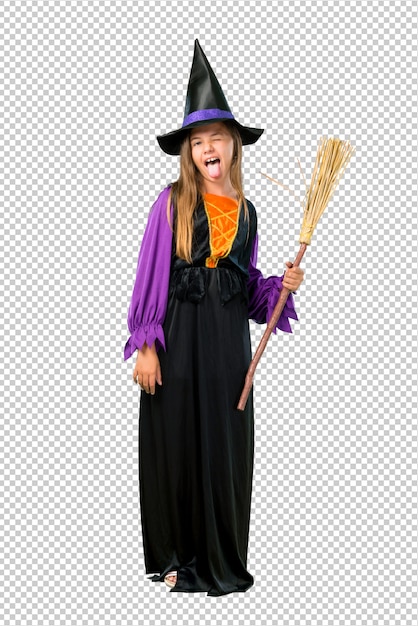 PSD little girl dressed as a witch for halloween holidays showing tongue at the camera having funny look