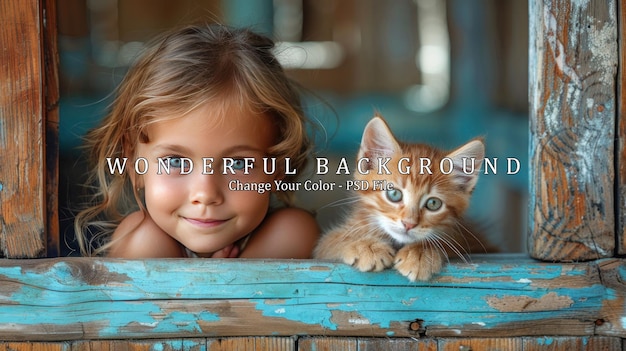 PSD little girl and ginger kitten through a window