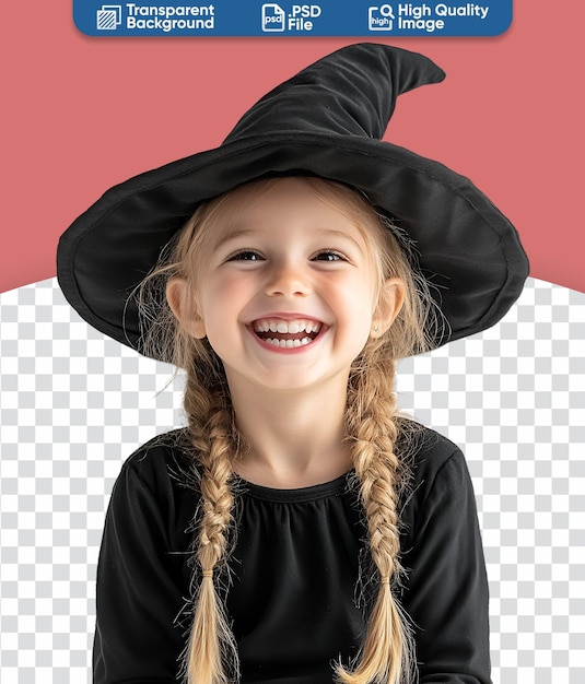 PSD little girl in happy blonde witch costume with hat celebrating halloween party