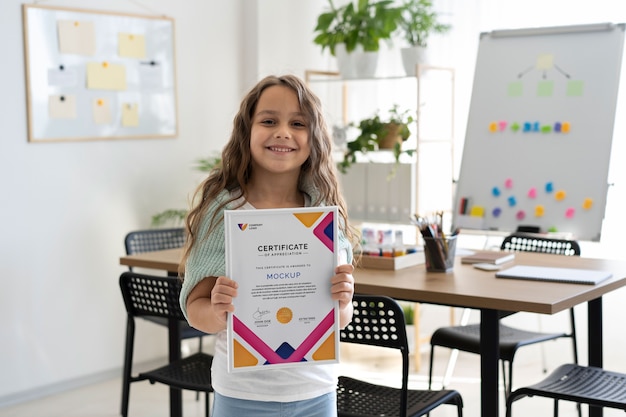 Little girl at home holding a certificate mock-up