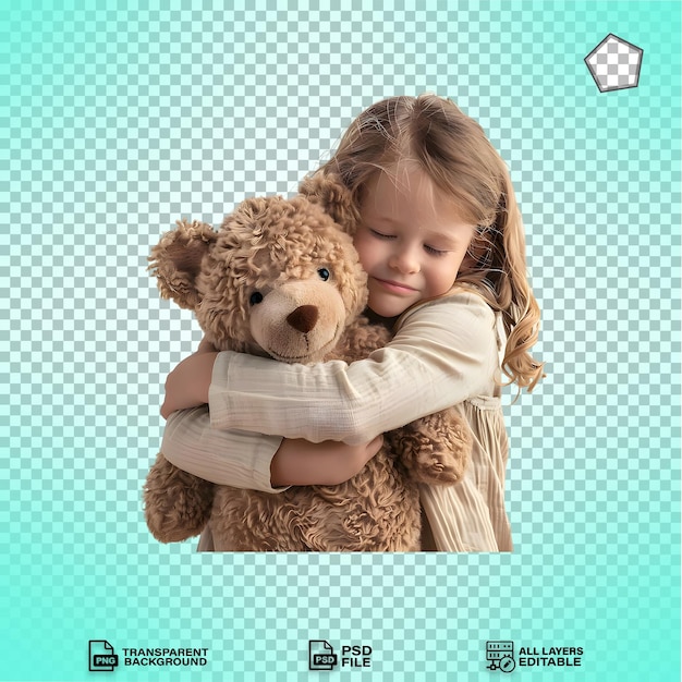 PSD a little girl hugging tightly his teddy bear with love isolated on transparent background