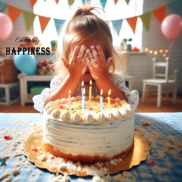 A little girl is covering her face with a cake that says happy happiness