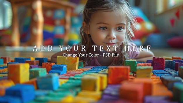 PSD little girl playing with colorful blocks in a playroom