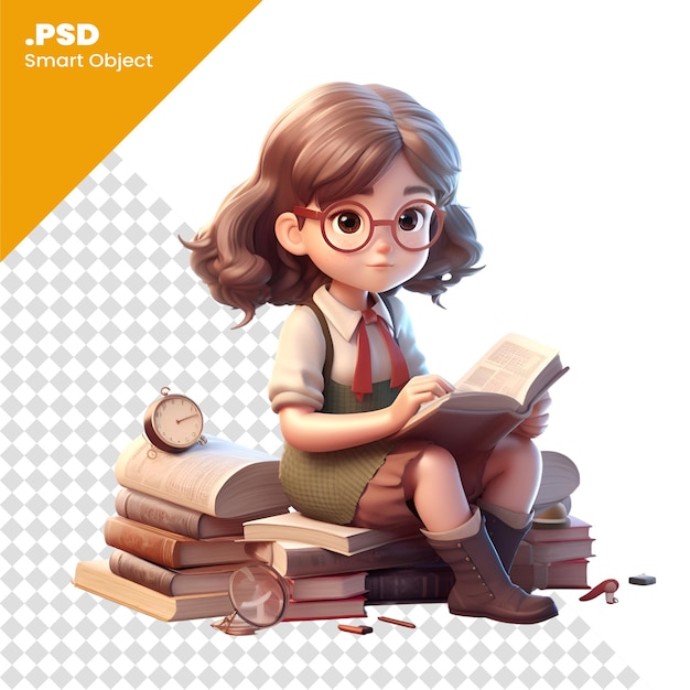 Little girl reading a book sitting on a pile of books isolated on white background PSD template