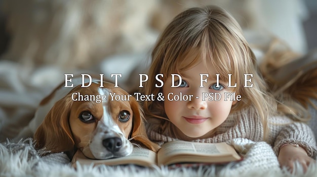 PSD little girl reading with her beagle