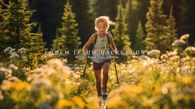 A little girl rides summer training crosscountry skiing