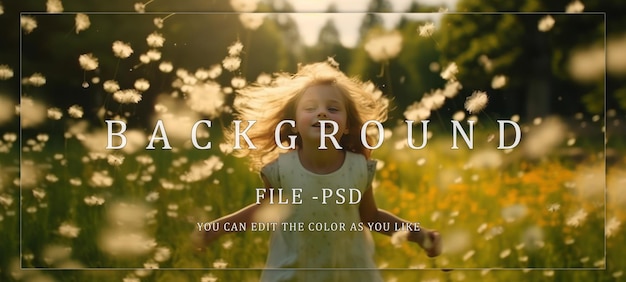 PSD little girl running through a field of dandelions