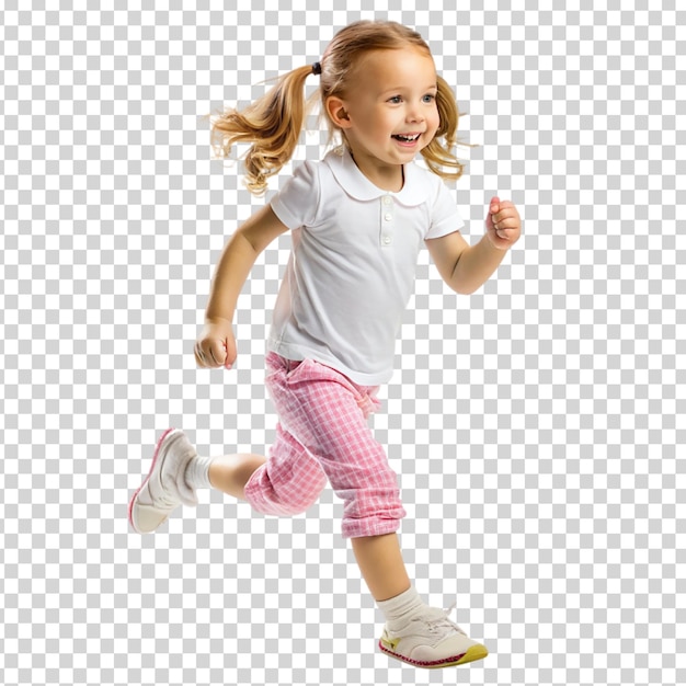 PSD a little girl running with pink shoes and a pink shirt on transparent background