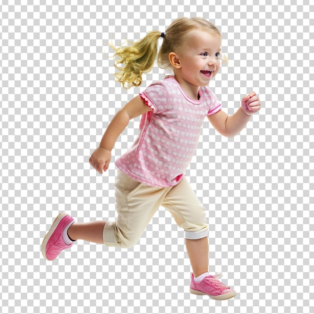 PSD a little girl running with pink shoes and a pink shirt on transparent background