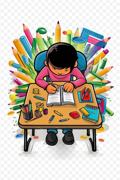 a little girl sits at a desk with a pencil and a pencil