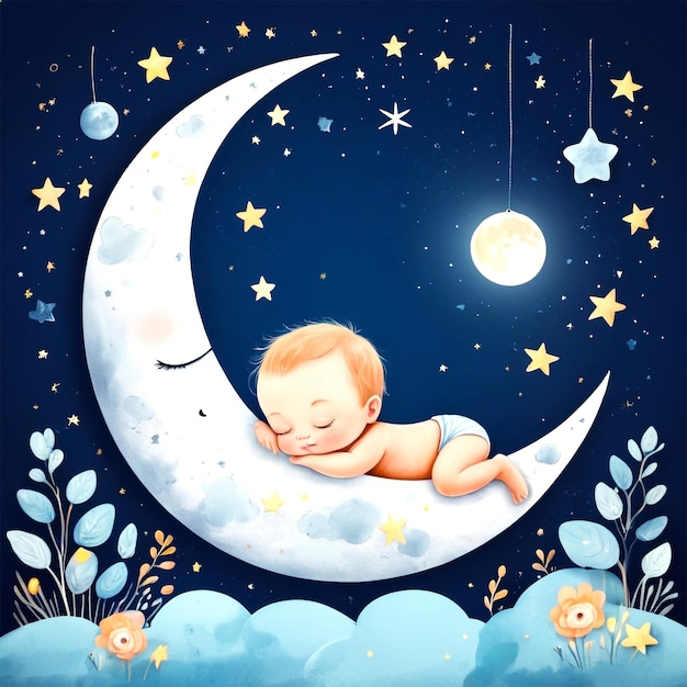 Little girl sleeps under a blanket on a pillow on a crescent moon against the background of the nigh