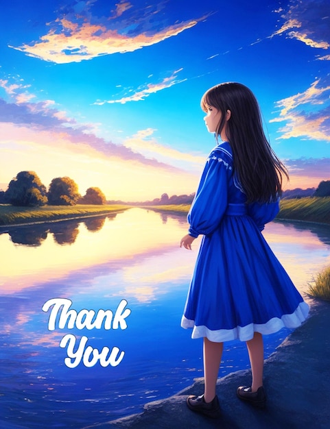 a little girl stands in front of a lake with the words thank you