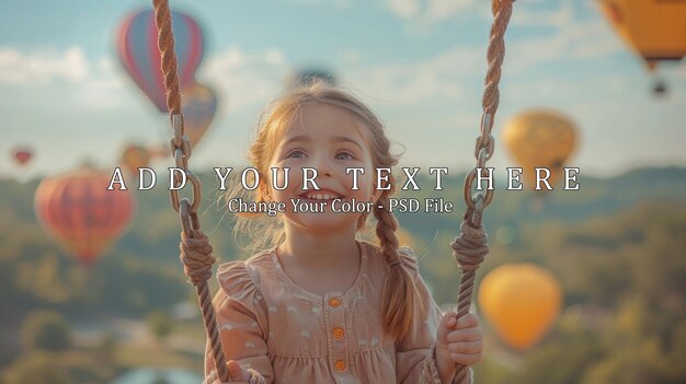 PSD little girl on a swing with hot air balloons in the background