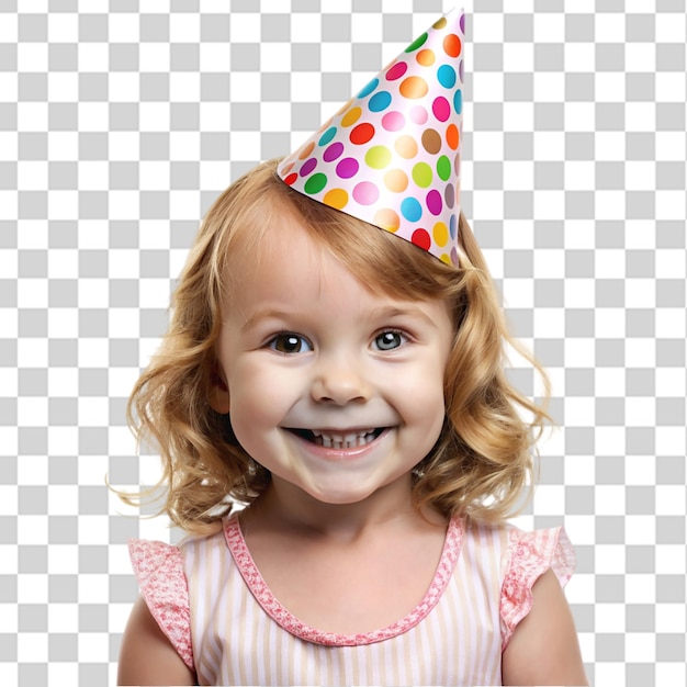 PSD little girl wearing party cap isolated on transparent background