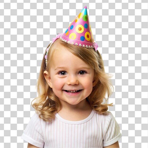 PSD little girl wearing party cap isolated on transparent background