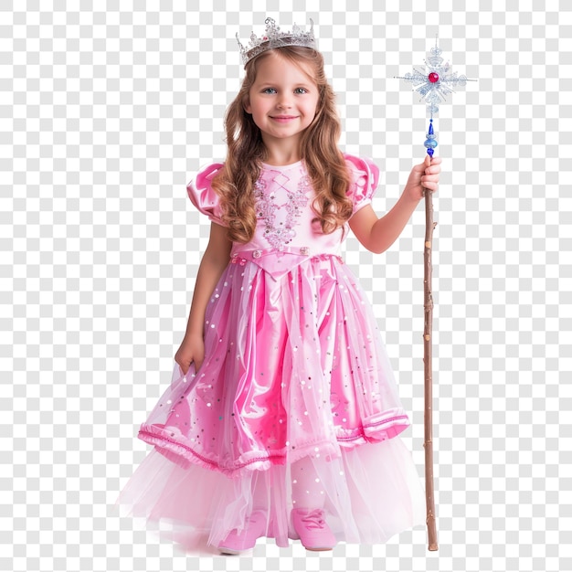 little girl wearing princess dress and holding magic ward isolate on transparency background