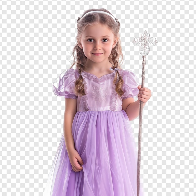 PSD little girl wearing princess dress and holding magic ward isolate on transparency background