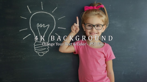 PSD little girl with a big idea in front of a chalkboard