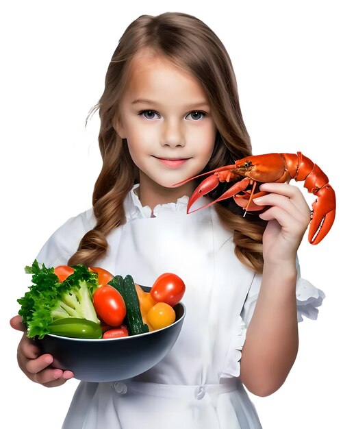 PSD little girl with a bowl of fresh vegetables isolated on transparent background