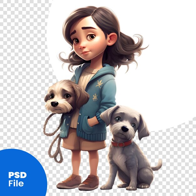 PSD little girl with her dogs isolated on white background 3d rendering psd template