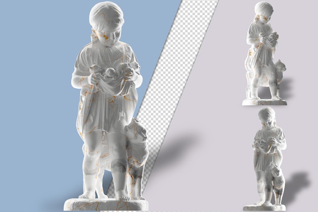 A Little Girl With Kittens 3D render in white marble and gold perfect for apparel and album covers