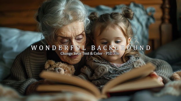 PSD little girl with toy and her grandmother reading book