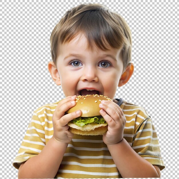 PSD little one eating a burger isolated on transparent background