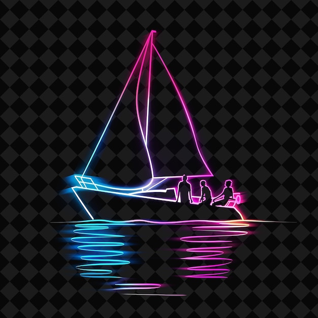 PSD lively neon boating landscape with a silhouette of a sailboa png y2k ocean of light collections