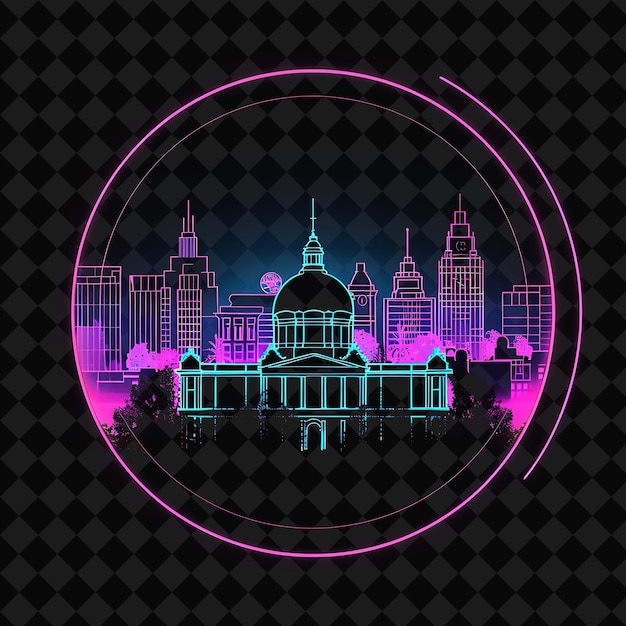 PSD lively neon madrid skyline inside a silhouette circle landsc png y2k monoline cityscape collage art