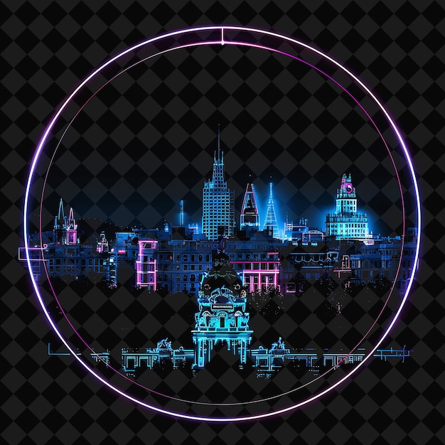 PSD lively neon madrid skyline inside a silhouette circle landsc png y2k monoline cityscape collage art